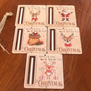 Christmas Money Holder wooden Cards with string (5 count set) Brand New